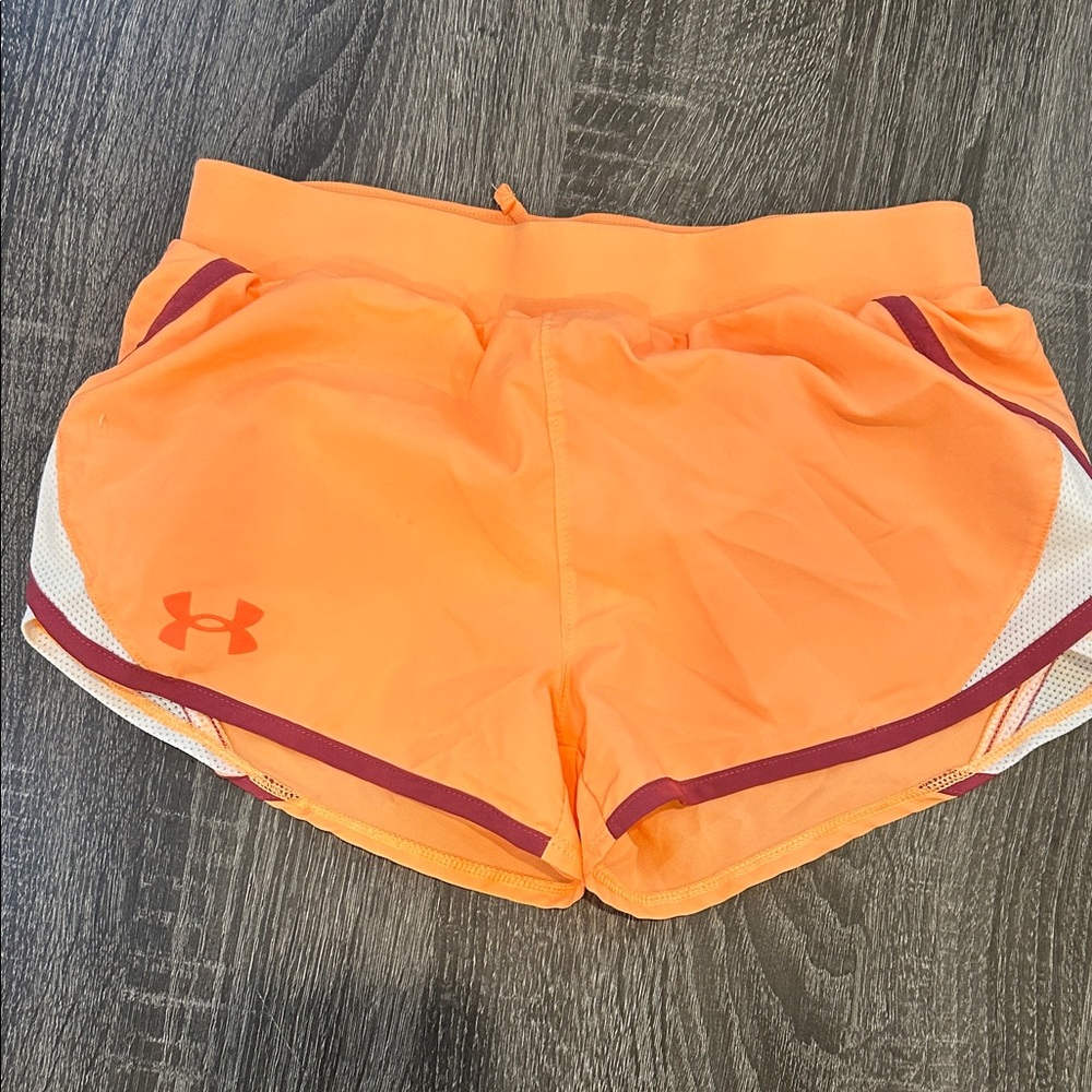 Under Armour Women's Neon Orange Athletic Shorts with Maroon Trim